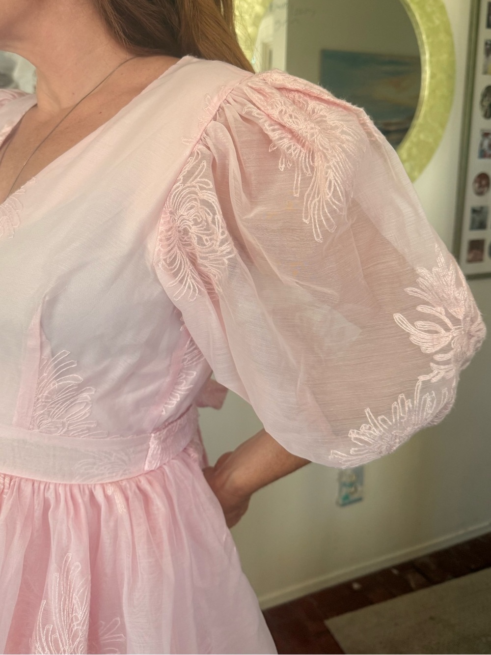 Light Pink Embroidered Puff-Sleeve Tiered Dress, M - Picture 3 of 10